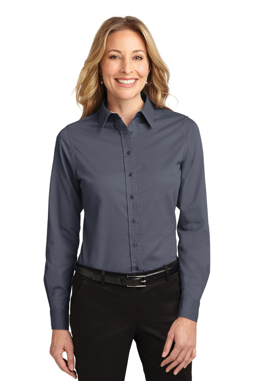 Port Authority® Ladies Long Sleeve Easy Care Shirt.  L608 Steel Grey/ Light Stone