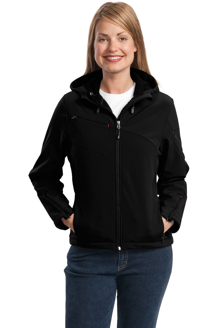 Port Authority® Ladies Textured Hooded Soft Shell Jacket. L706 Black/ Engine Red