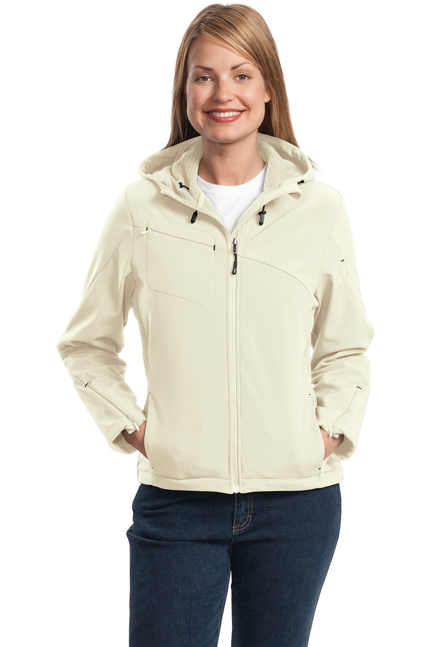Port Authority® Ladies Textured Hooded Soft Shell Jacket. L706 Chalk White/ Charcoal