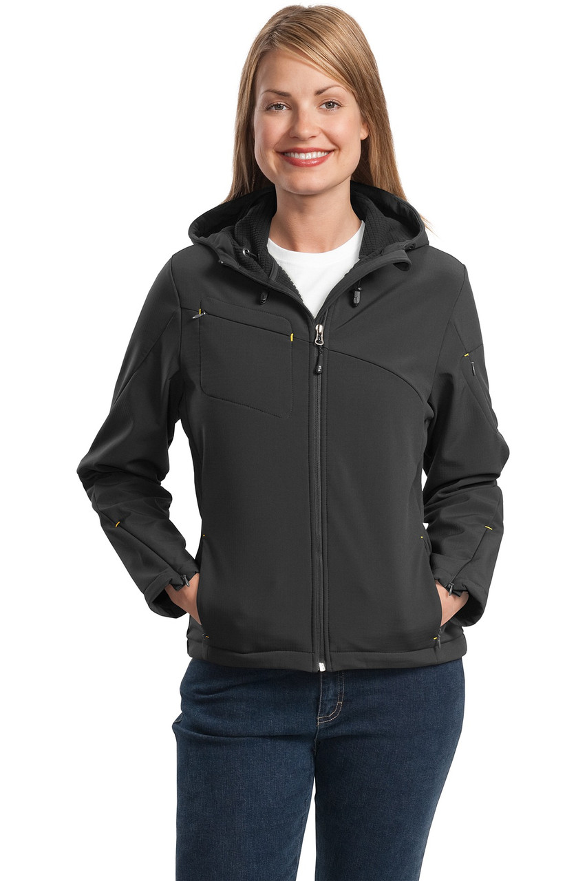 Port Authority® Ladies Textured Hooded Soft Shell Jacket. L706 Charcoal/ Lemon Yellow