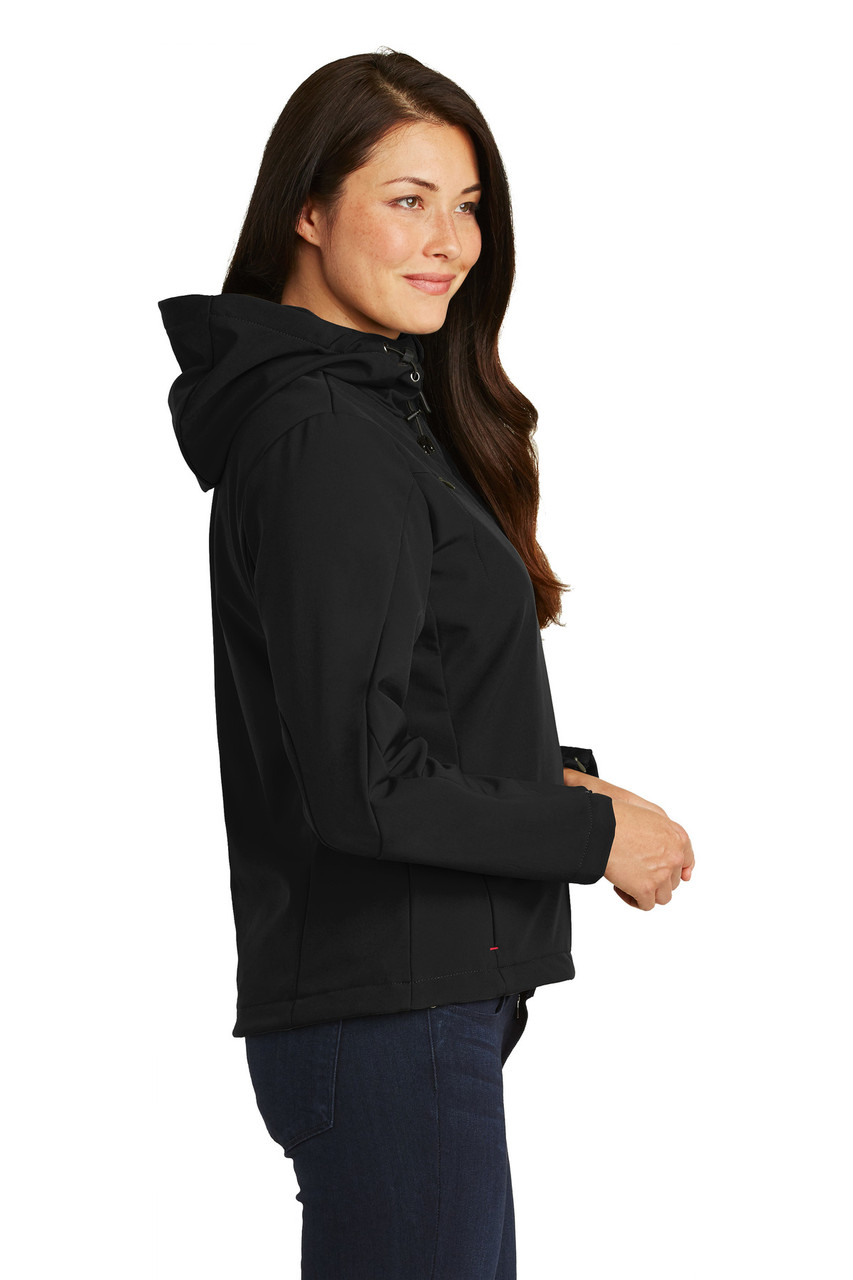 Port Authority® Ladies Textured Hooded Soft Shell Jacket. L706 Black/ Engine Red Side