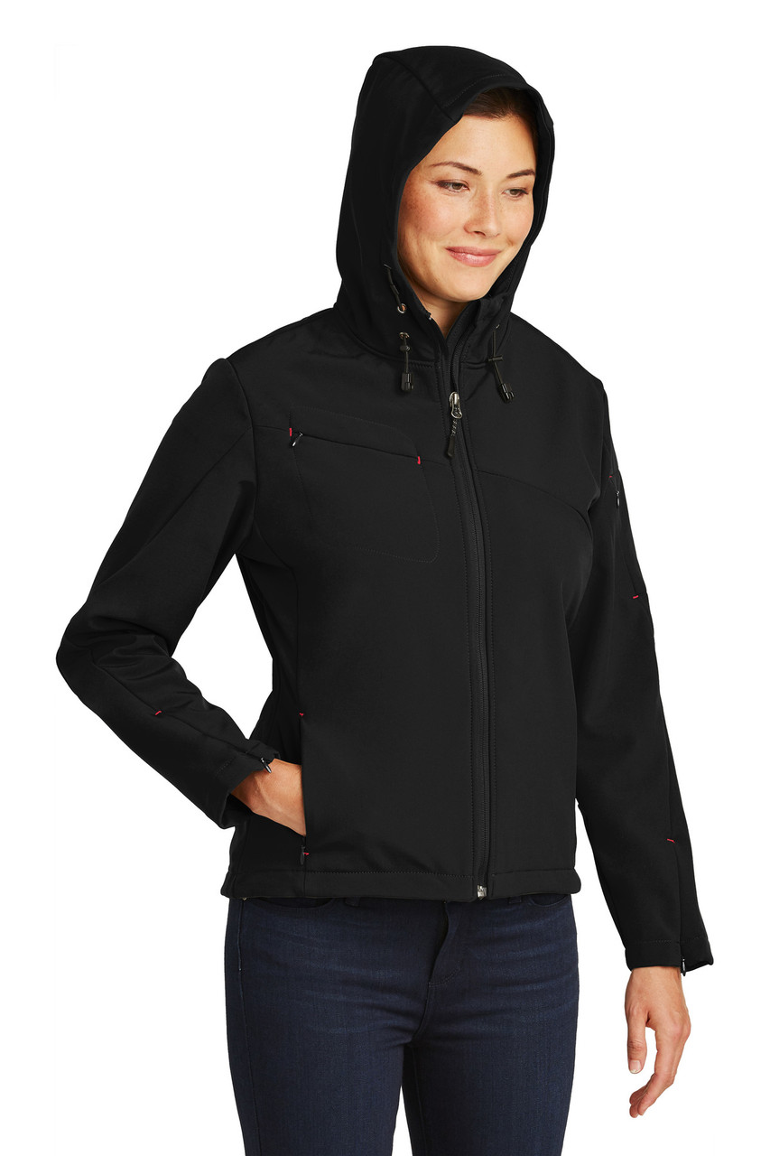 Port Authority® Ladies Textured Hooded Soft Shell Jacket. L706 Black/ Engine Red Hood