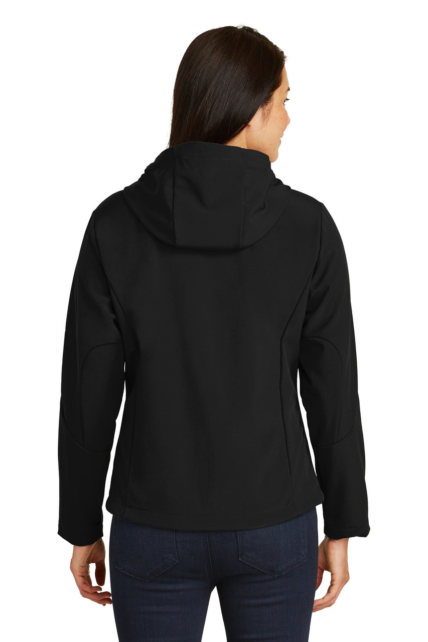Port Authority® Ladies Textured Hooded Soft Shell Jacket. L706 Black/ Engine Red Back