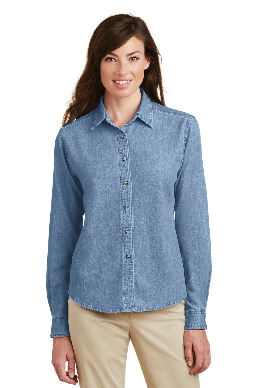 Port & Company® - Ladies Long Sleeve Value Denim Shirt.  LSP10 Faded Blue