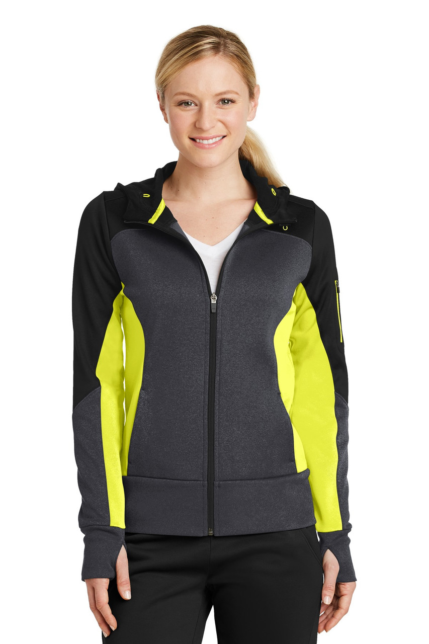 Sport-Tek® Ladies Tech Fleece Colorblock Full-Zip Hooded Jacket. LST245 Black/ Graphite Heather/ Citron