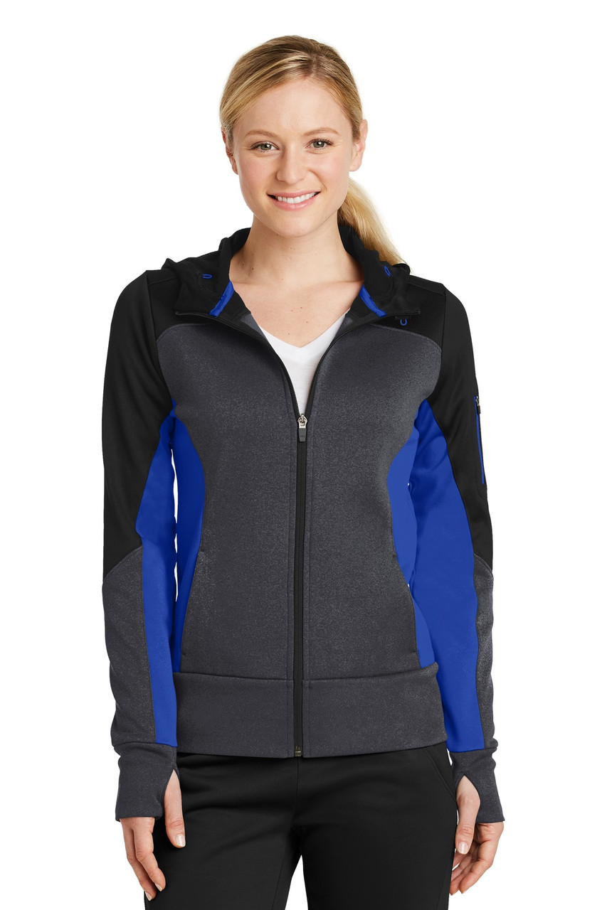 Sport-Tek® Ladies Tech Fleece Colorblock Full-Zip Hooded Jacket. LST245 Black/ Graphite Heather/ True Royal