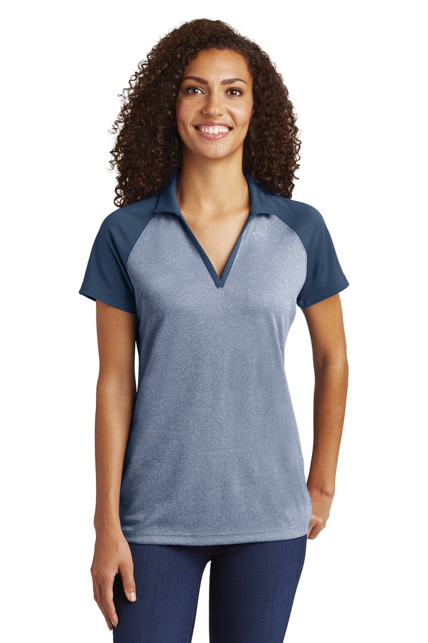 Sport-Tek ® Ladies PosiCharge ® RacerMesh ® Raglan Heather Block Polo. LST641 True Navy Heather/ True Navy