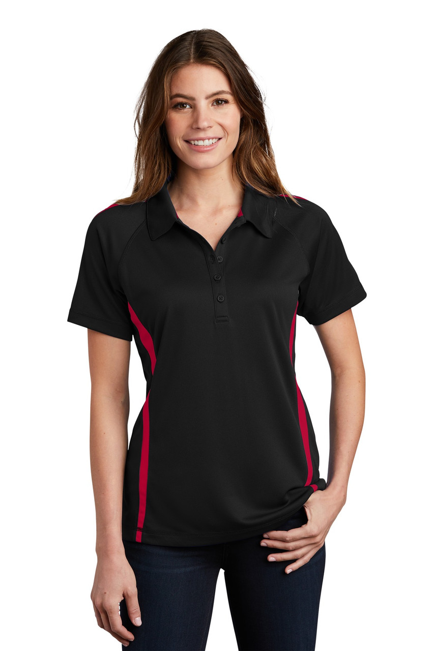 Sport-Tek® Ladies PosiCharge® Micro-Mesh Colorblock Polo. LST685 Black/ Red