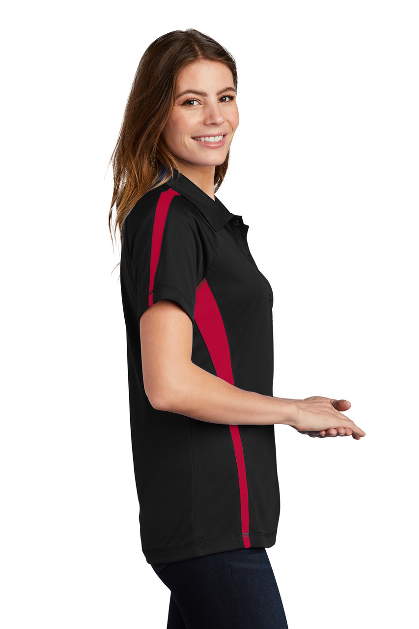 Sport-Tek® Ladies PosiCharge® Micro-Mesh Colorblock Polo. LST685 Black/ Red Side