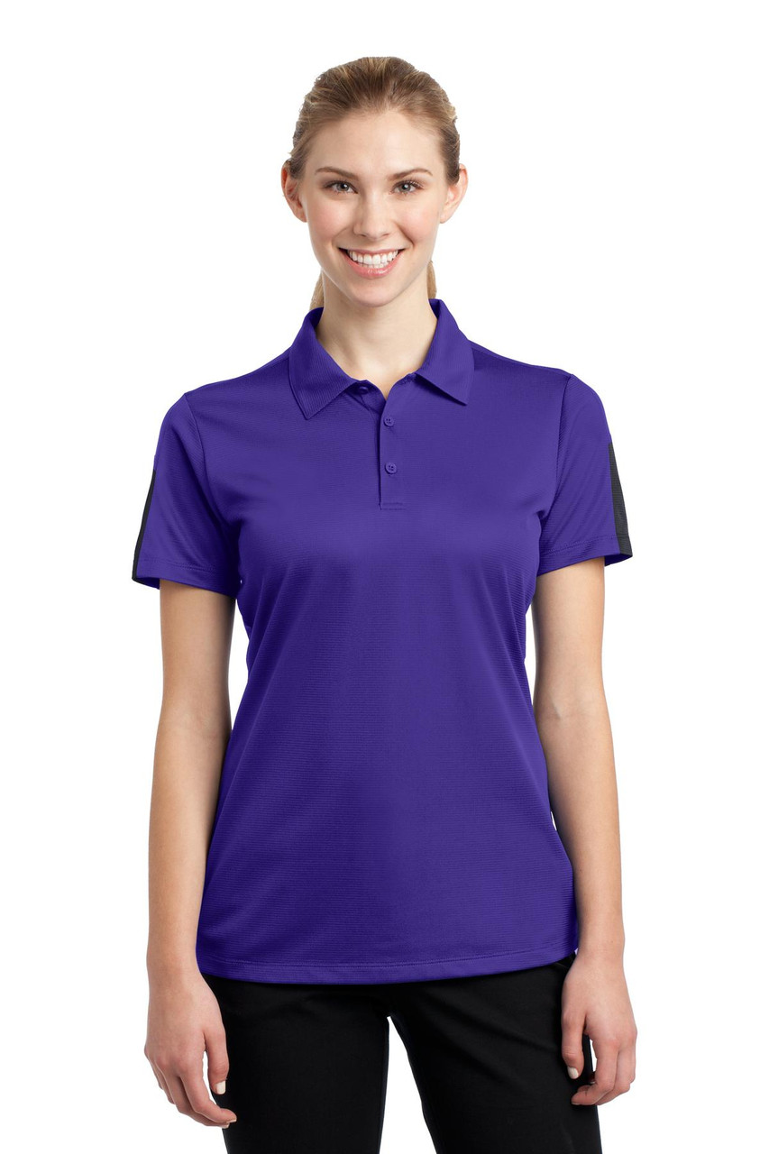 Sport-Tek® Ladies PosiCharge® Active Textured Colorblock Polo. LST695 Purple/ Grey