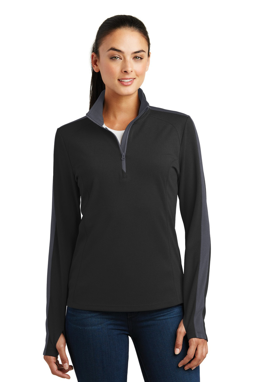 Sport-Tek® Ladies Sport-Wick® Textured Colorblock 1/4-Zip Pullover. LST861 Black/ Iron Grey