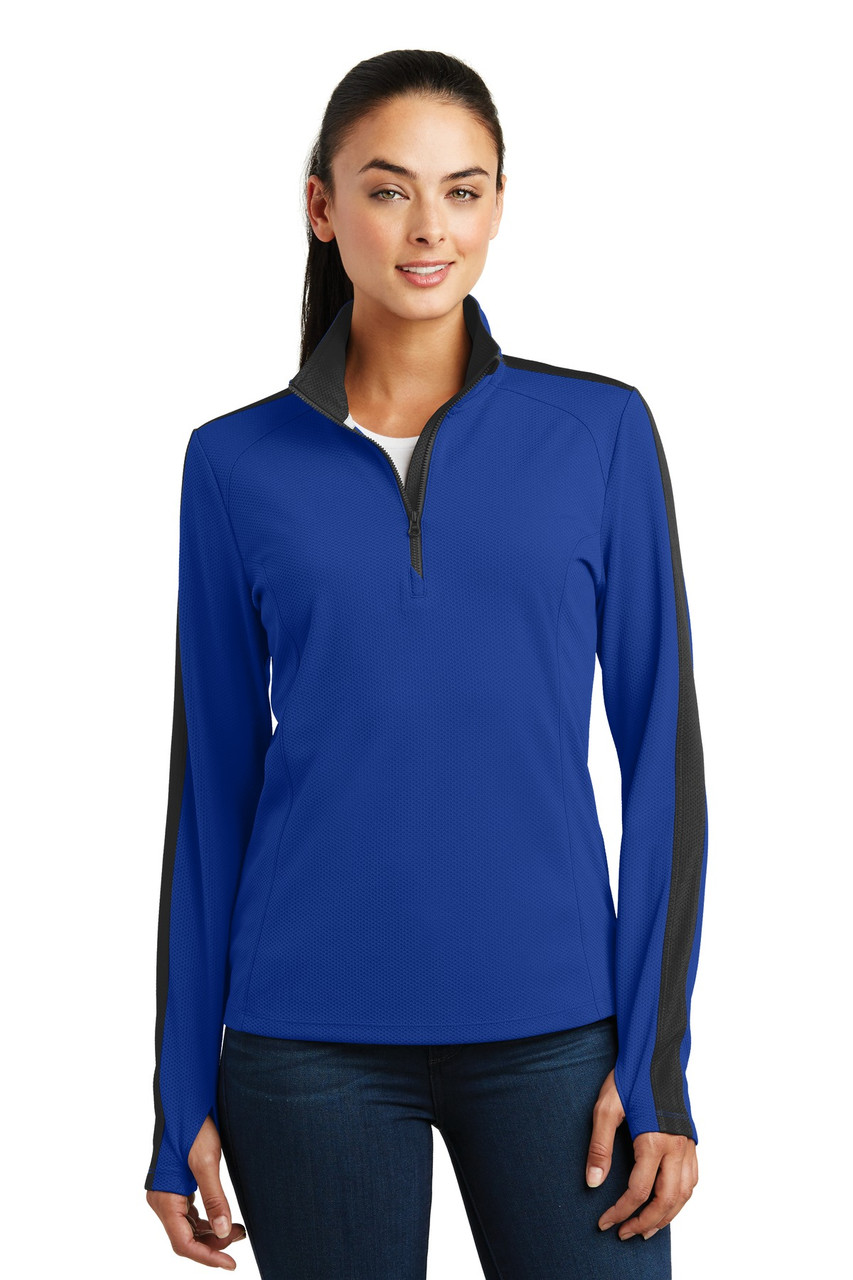 Sport-Tek® Ladies Sport-Wick® Textured Colorblock 1/4-Zip Pullover. LST861 True Royal/ Black