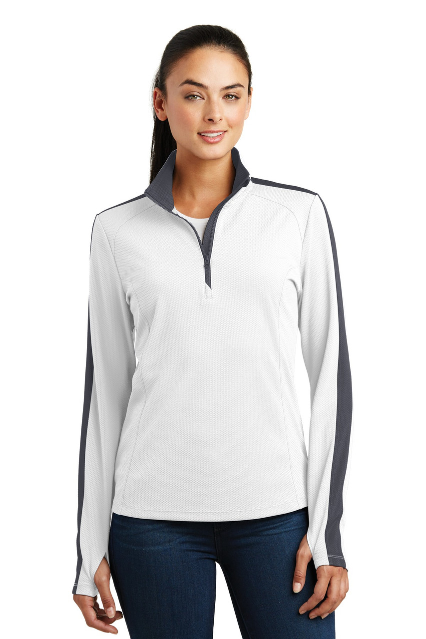 Sport-Tek® Ladies Sport-Wick® Textured Colorblock 1/4-Zip Pullover. LST861 White/ Iron Grey