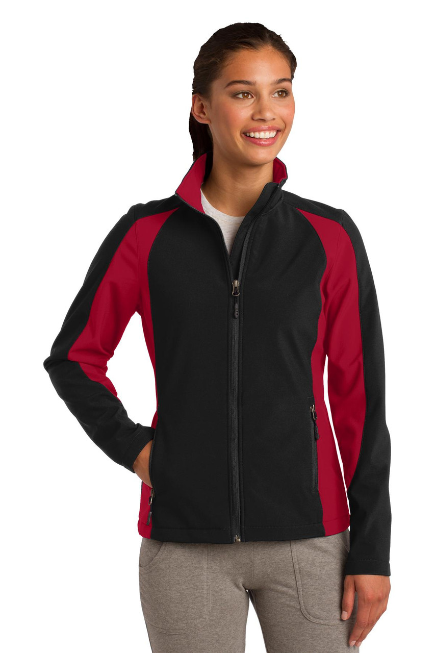 Sport-Tek® Ladies Colorblock Soft Shell Jacket. LST970 Black/ True Red