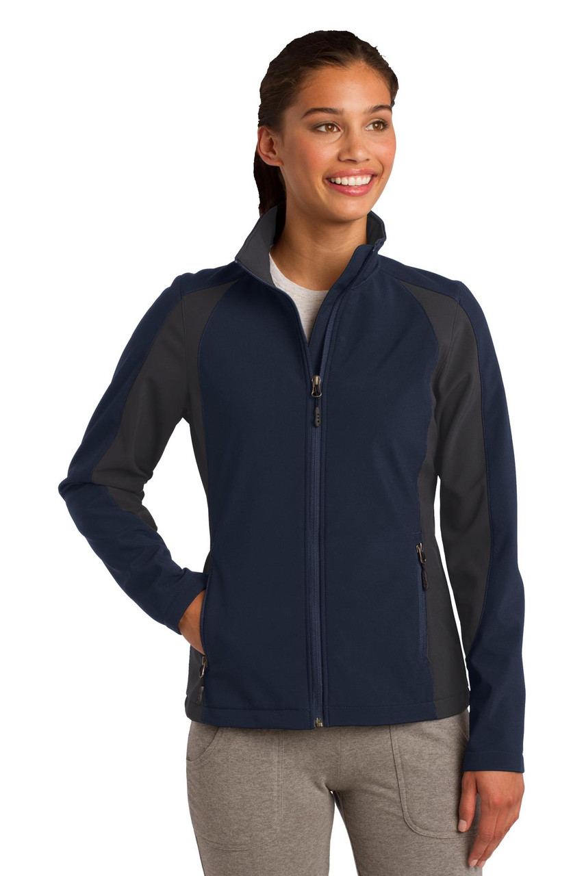 Sport-Tek® Ladies Colorblock Soft Shell Jacket. LST970 True Navy/ Iron Grey