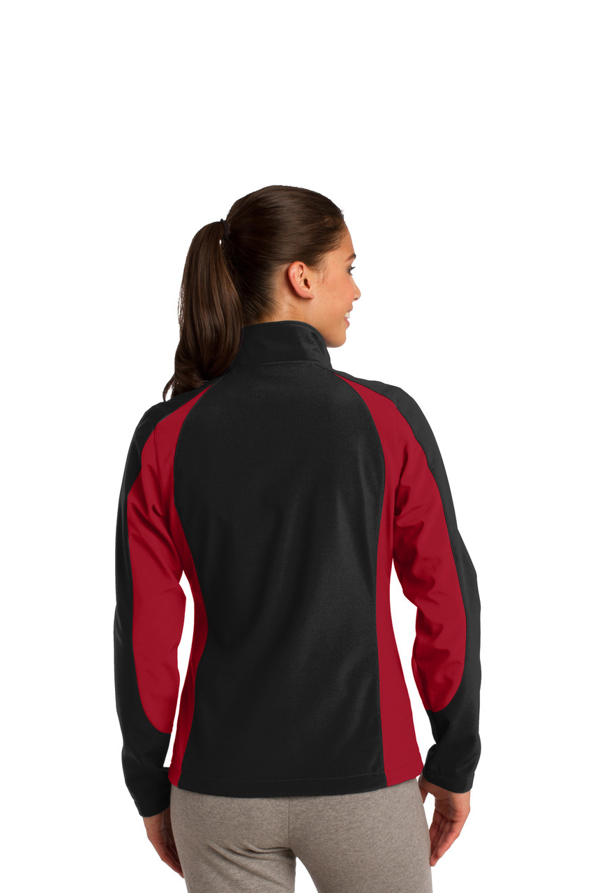 Sport-Tek® Ladies Colorblock Soft Shell Jacket. LST970 Black/ True Red Back
