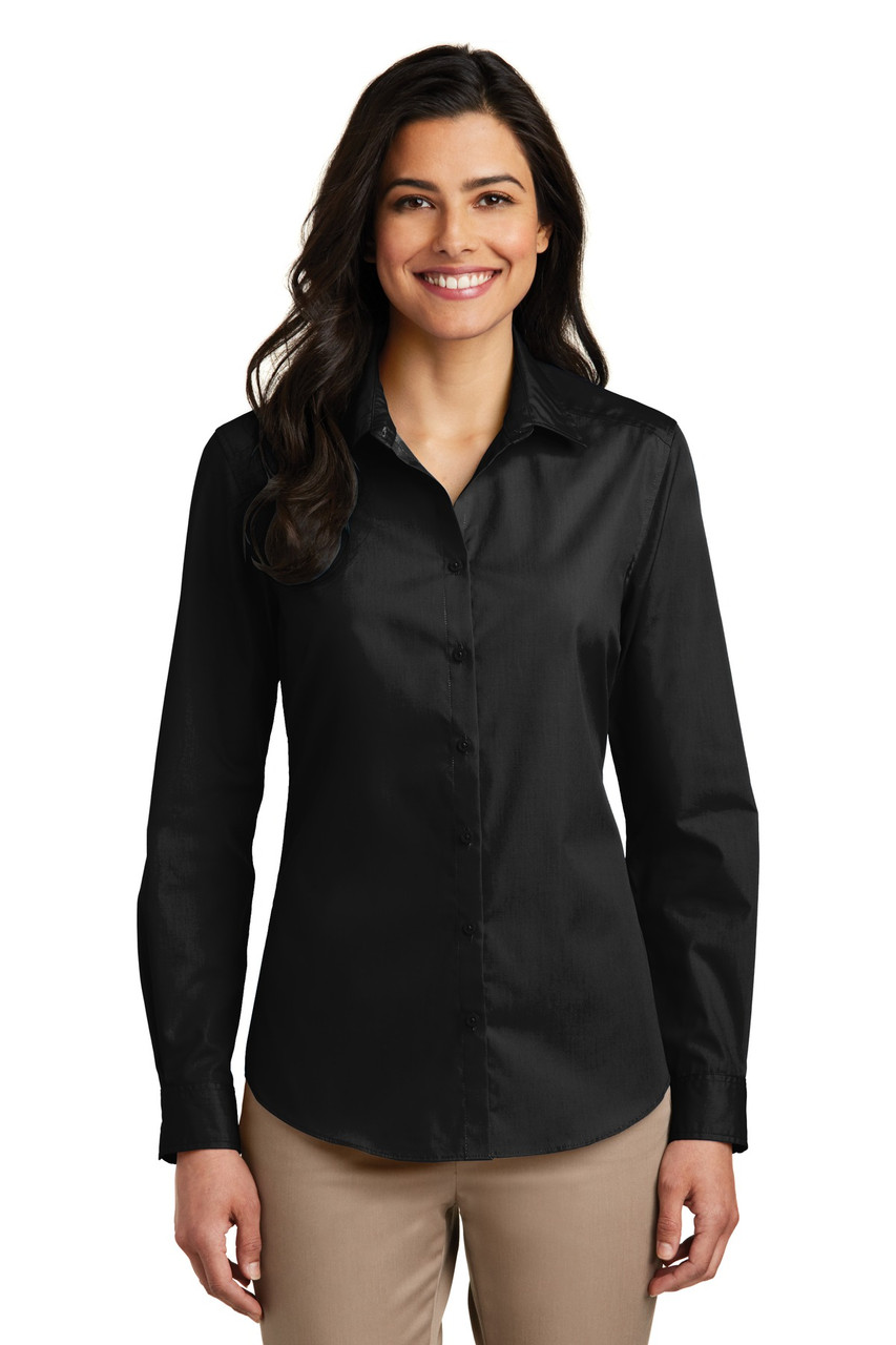 Port Authority® Ladies Long Sleeve Carefree Poplin Shirt. LW100 Deep Black