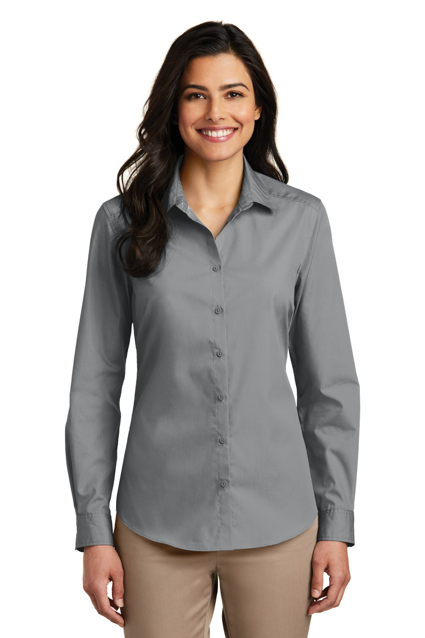 Port Authority® Ladies Long Sleeve Carefree Poplin Shirt. LW100 Gusty Grey
