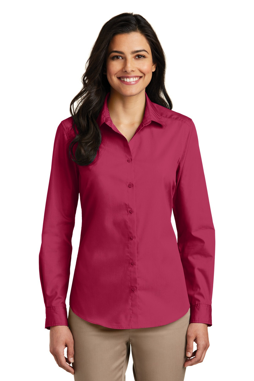 Port Authority® Ladies Long Sleeve Carefree Poplin Shirt. LW100 Pink Azalea