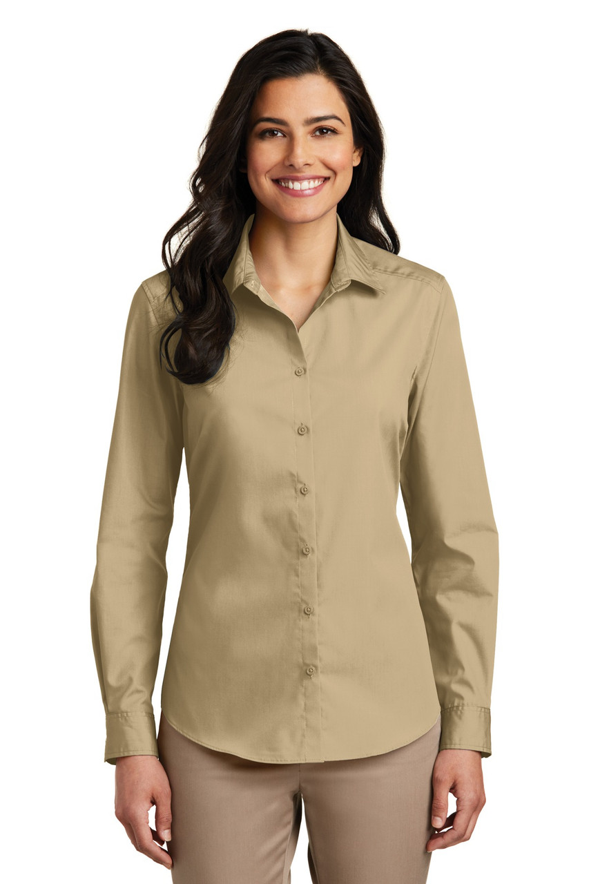 Port Authority® Ladies Long Sleeve Carefree Poplin Shirt. LW100 Wheat
