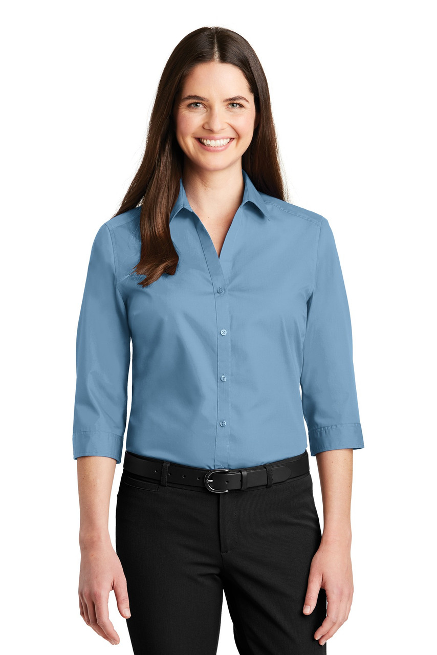 Port Authority® Ladies 3/4-Sleeve Carefree Poplin Shirt. LW102 Carolina Blue