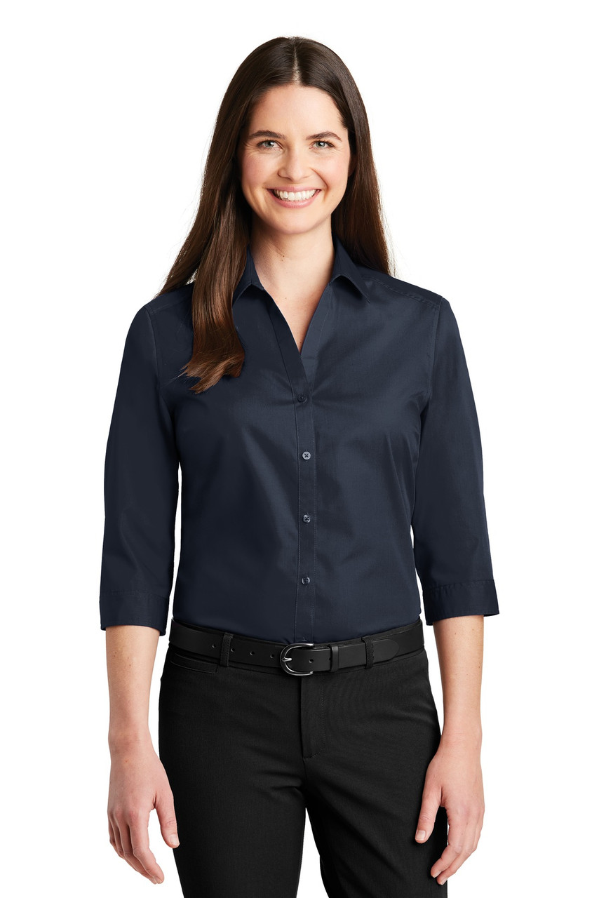 Port Authority® Ladies 3/4-Sleeve Carefree Poplin Shirt. LW102 River Blue Navy