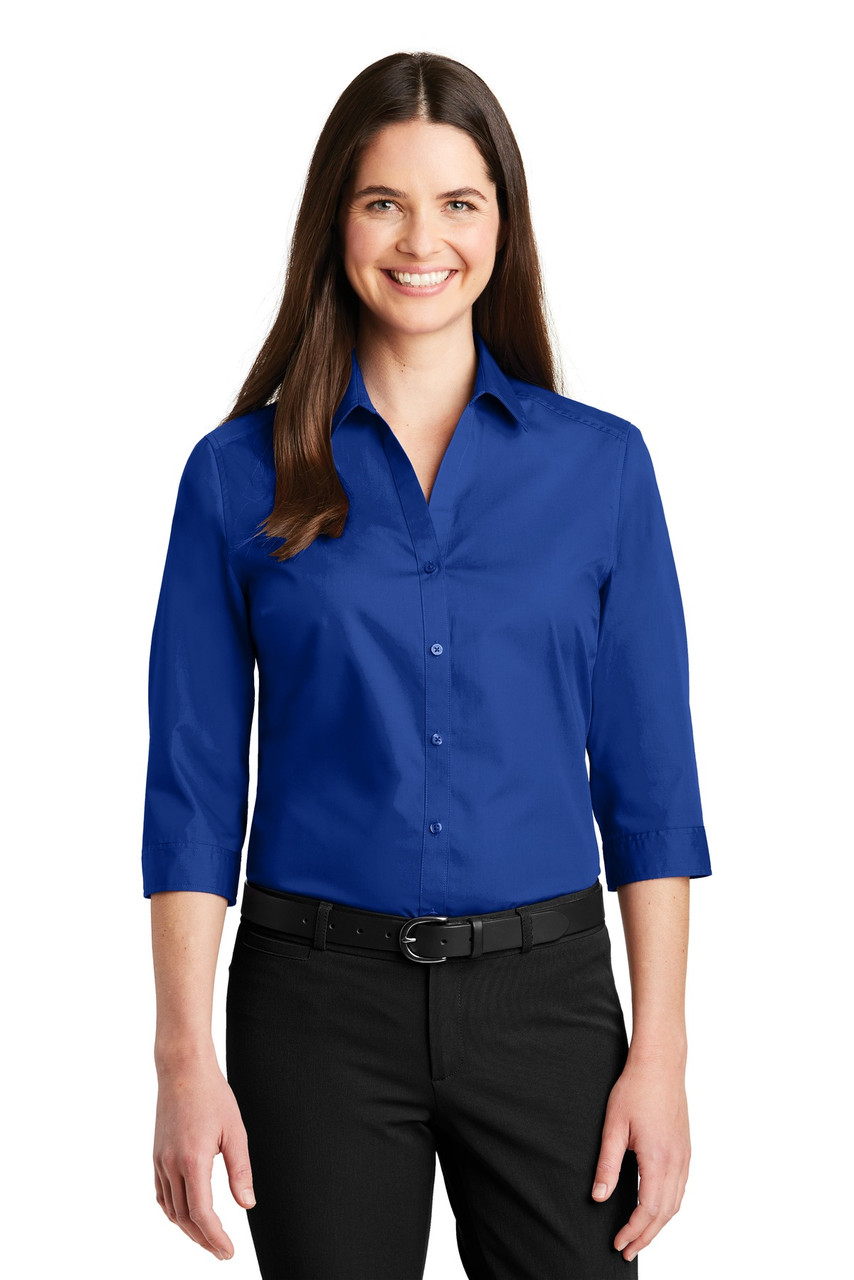 Port Authority® Ladies 3/4-Sleeve Carefree Poplin Shirt. LW102 True Royal