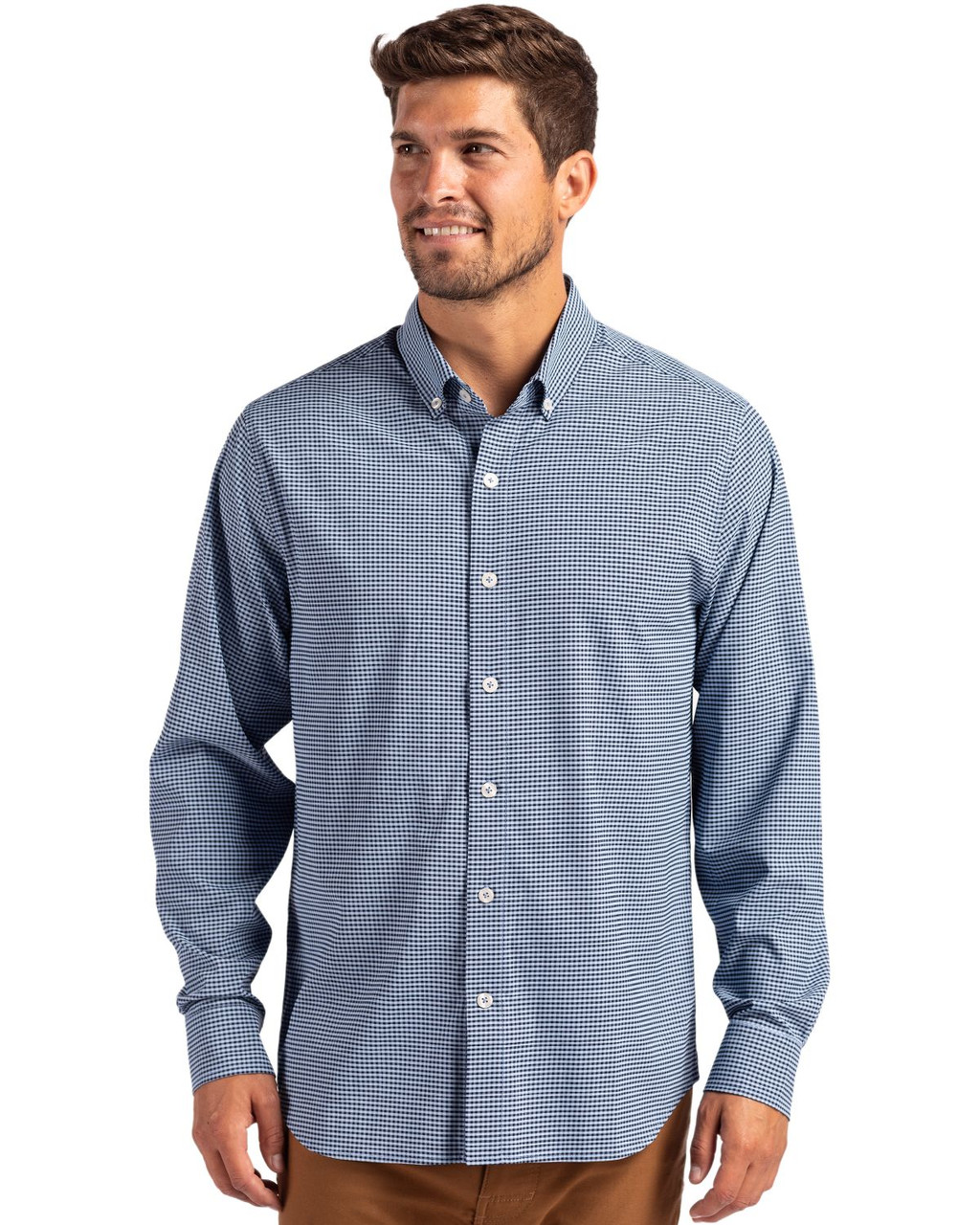 Cutter & Buck Skyline Epic Confidence Recycled Gingham Mens Long Sleeve Dress Shirt  MCW00236 Pale Blue/Navy Blue