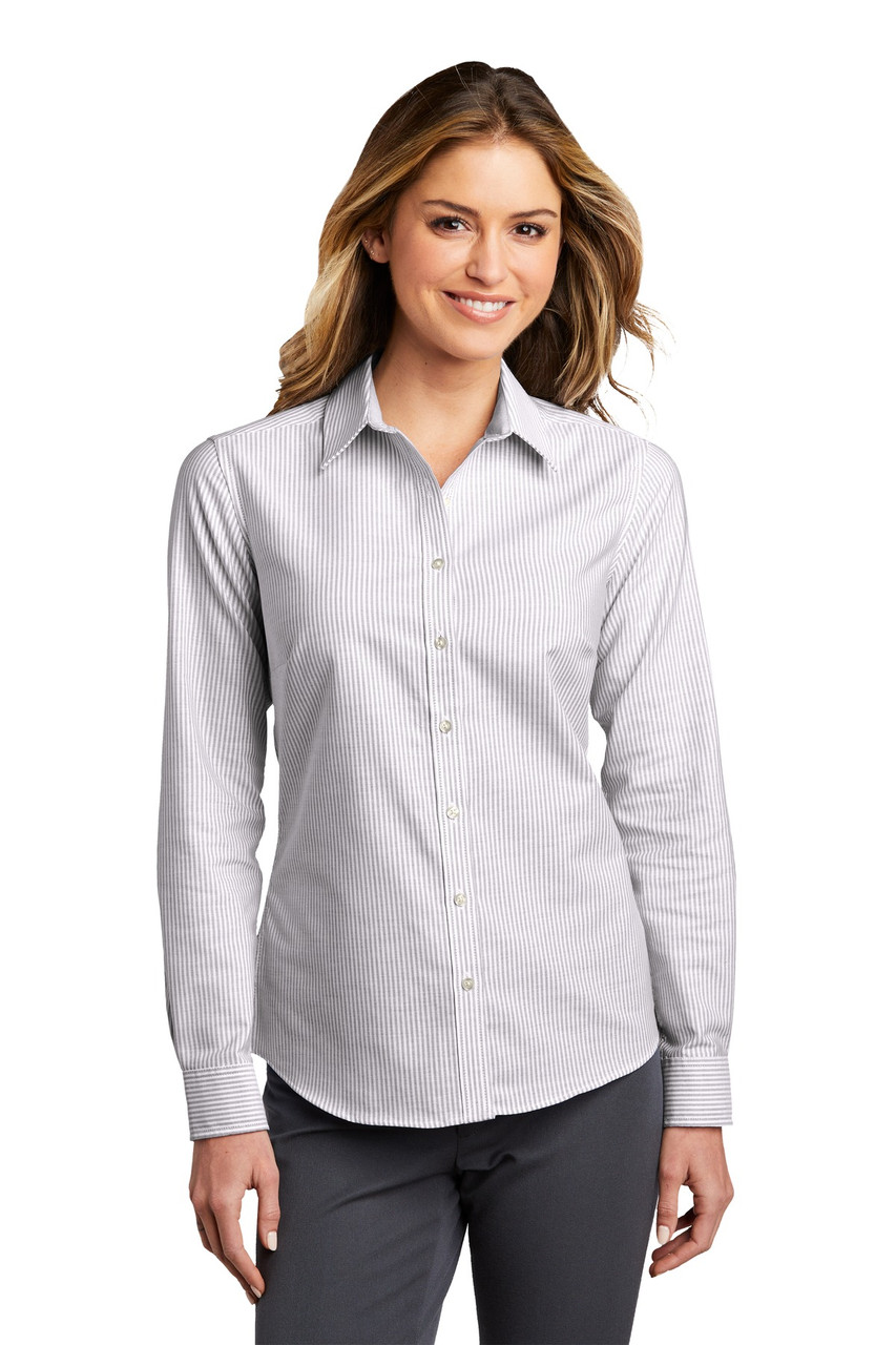 Port Authority ® Ladies SuperPro ™ Oxford Stripe Shirt. LW657 Gusty Grey/ White