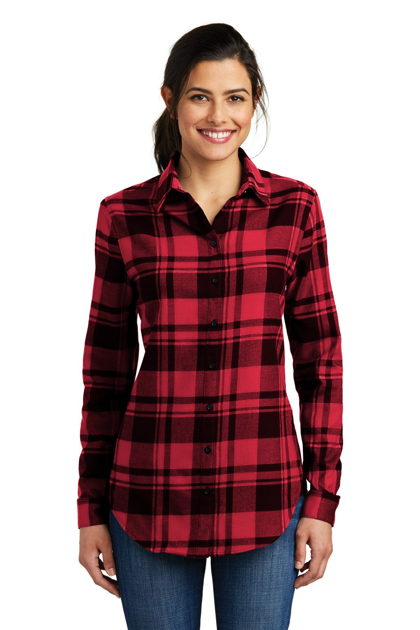 Port Authority® Ladies Plaid Flannel Tunic . LW668 Engine Red/ Black