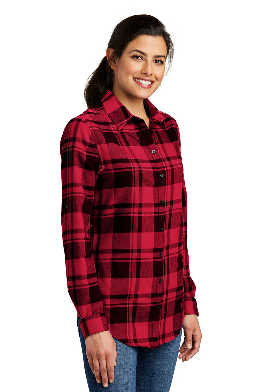 Port Authority® Ladies Plaid Flannel Tunic . LW668 Engine Red/ Black Alt