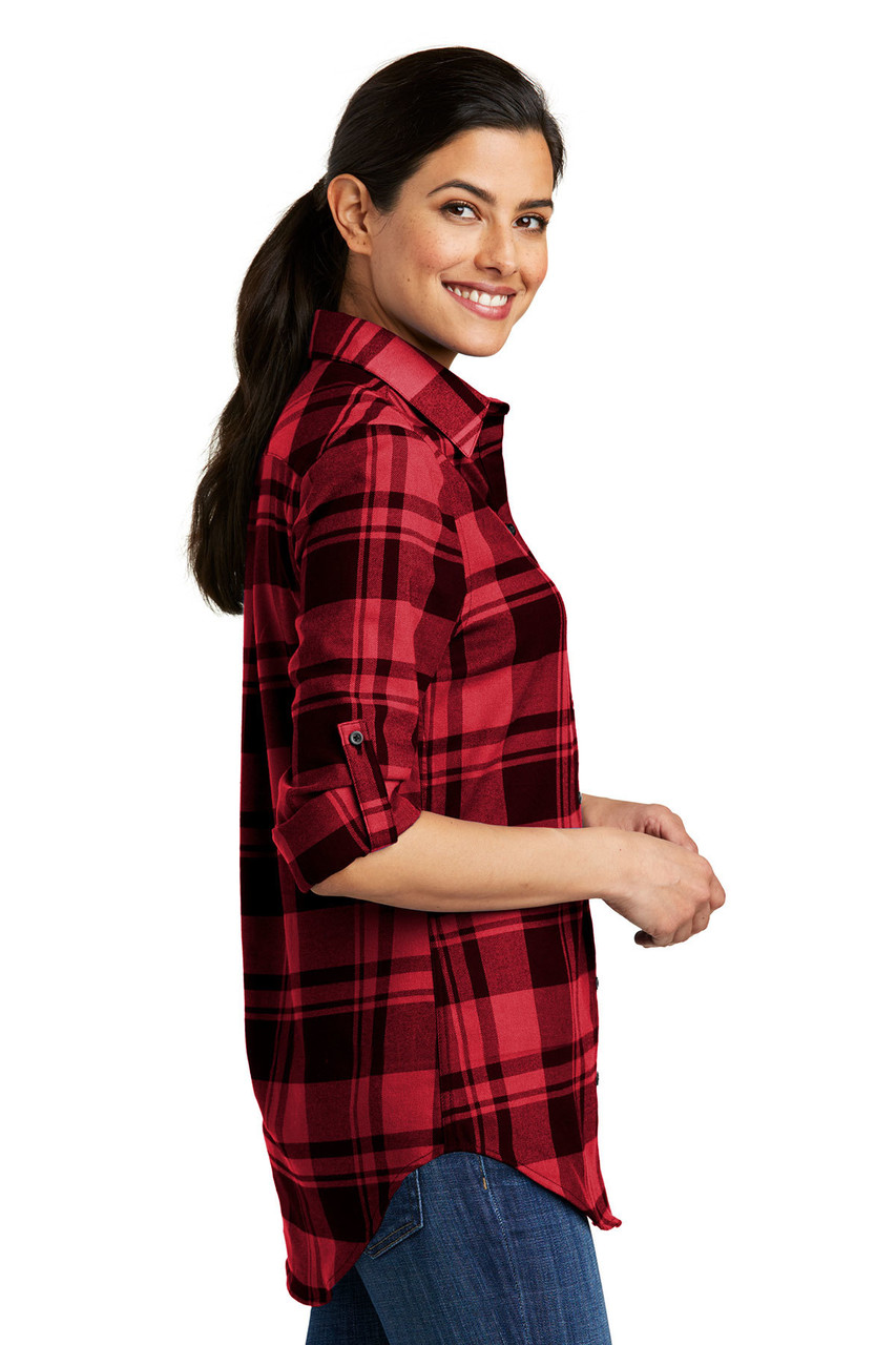 Port Authority® Ladies Plaid Flannel Tunic . LW668 Engine Red/ Black Side