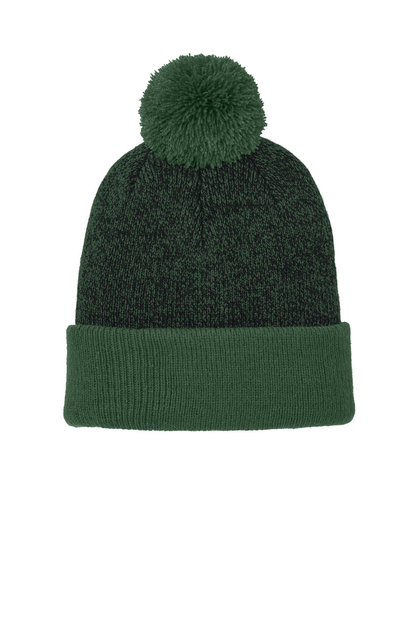 Sport-Tek® Halftime Heather Pom Beanie STC68 Forest Green/ Black