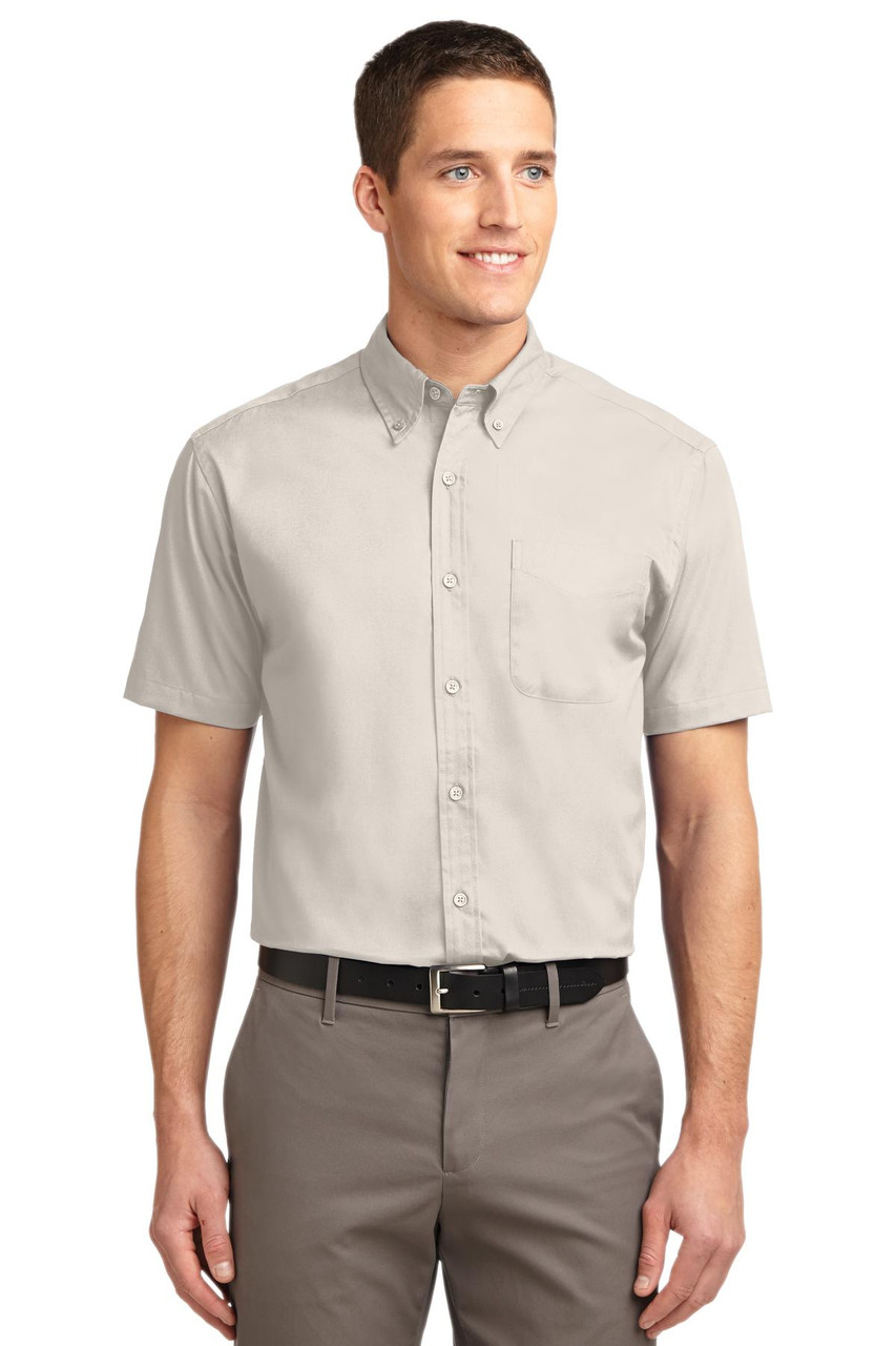 Port Authority® Short Sleeve Easy Care Shirt.  S508 Light Stone/ Classic Navy