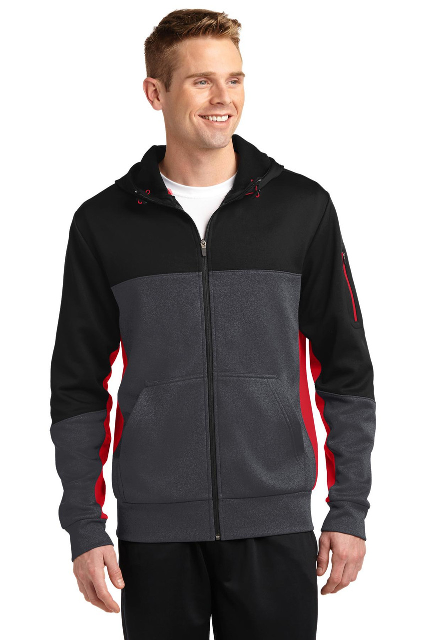 Sport-Tek® Tech Fleece Colorblock Full-Zip Hooded Jacket. ST245 Black/ Graphite Heather/ True Red