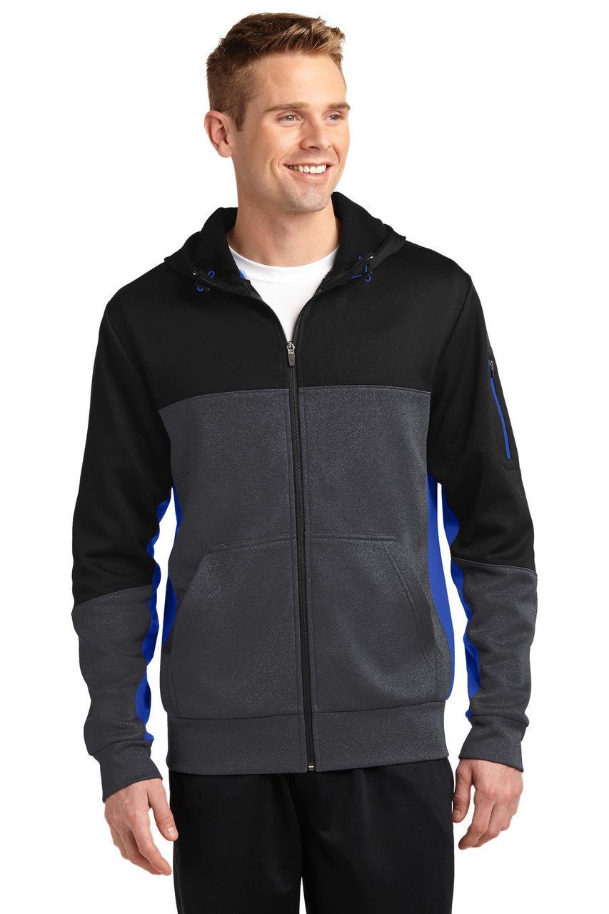 Sport-Tek® Tech Fleece Colorblock Full-Zip Hooded Jacket. ST245 Black/ Graphite Heather/ True Royal