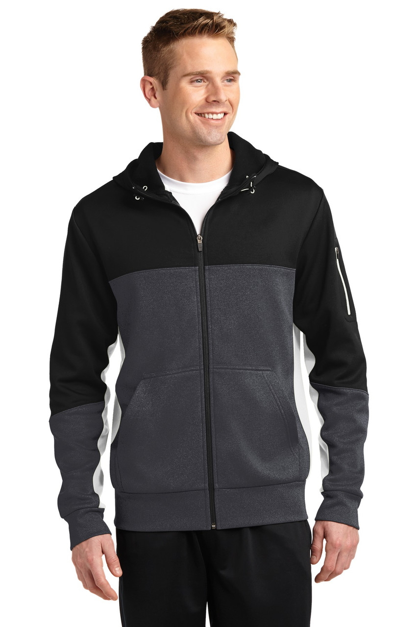 Sport-Tek® Tech Fleece Colorblock Full-Zip Hooded Jacket. ST245 Black/ Graphite Heather/ White
