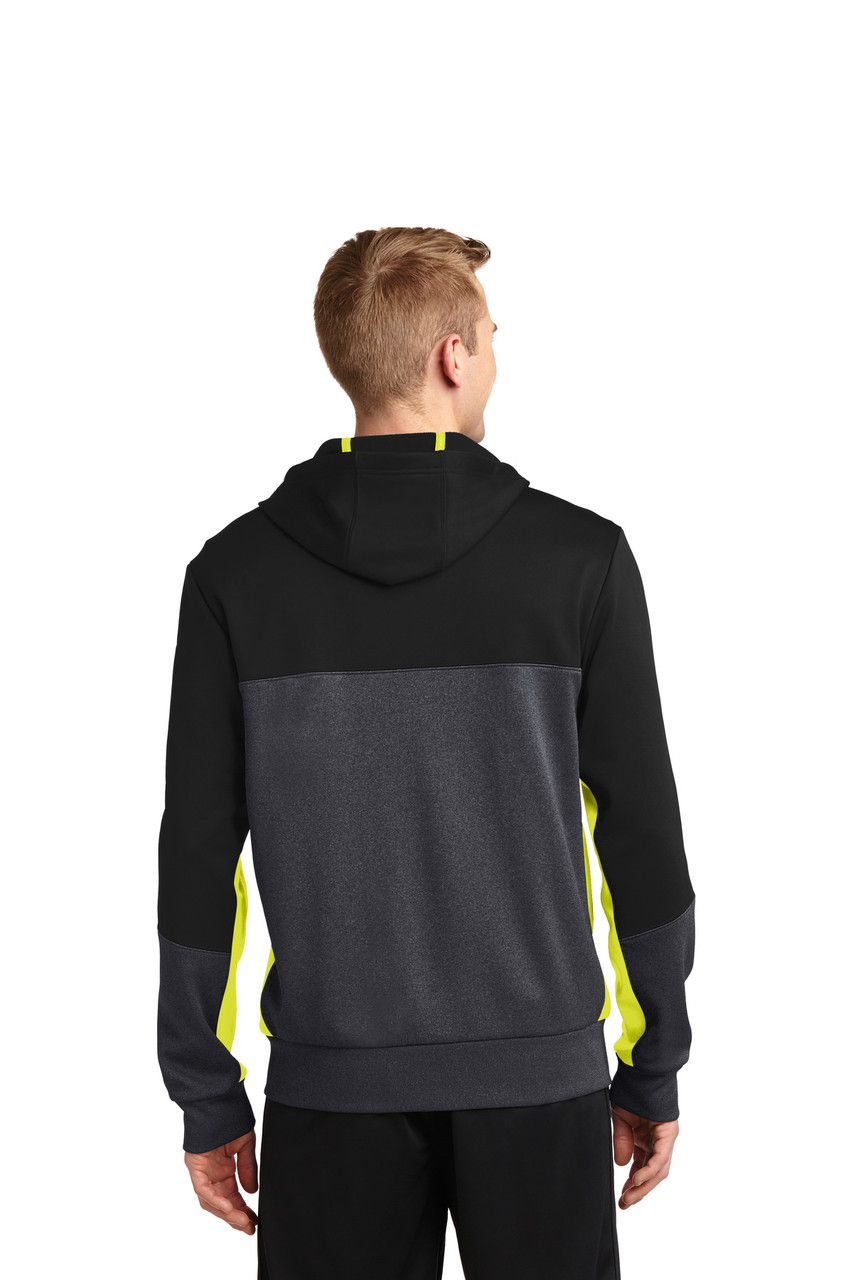Sport-Tek® Tech Fleece Colorblock Full-Zip Hooded Jacket. ST245 Black/ Graphite Heather/ Citron Back