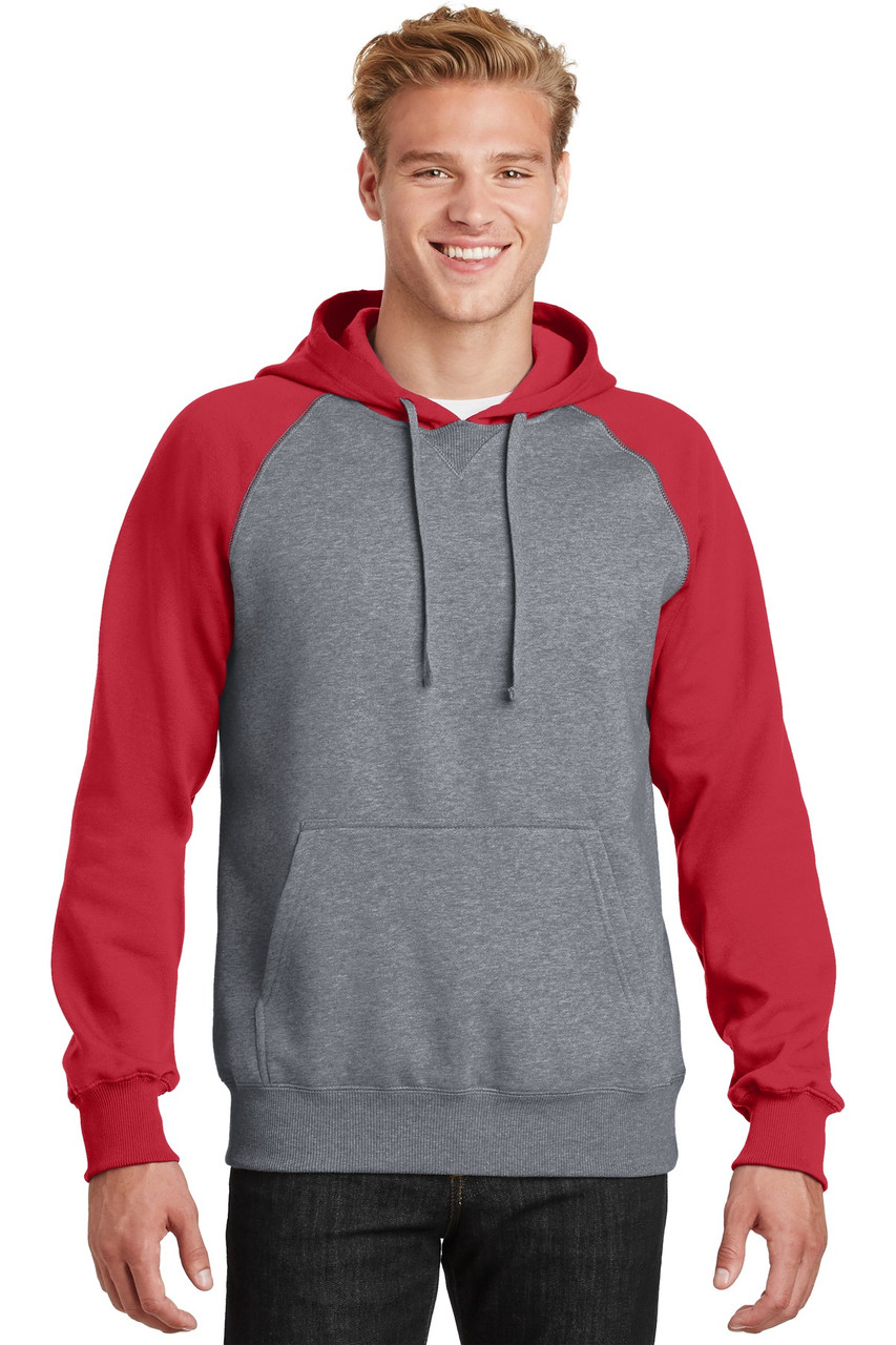 Sport-Tek® Raglan Colorblock Pullover Hooded Sweatshirt. ST267 True Red/ Vintage Heather