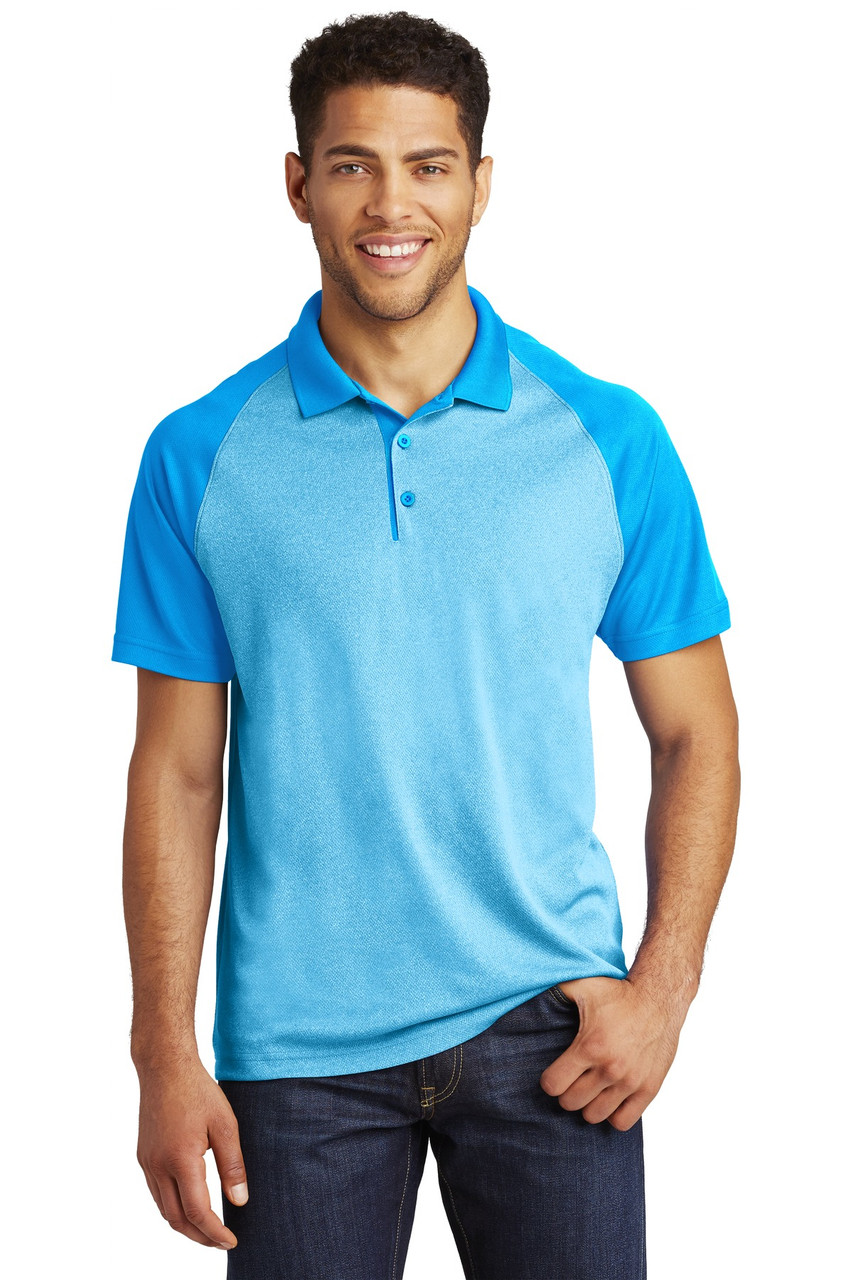 Sport-Tek ® PosiCharge ® RacerMesh ® Raglan Heather Block Polo. ST641 Pond Blue Heather/ Pond Blue