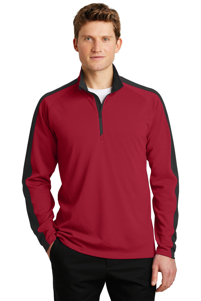 Sport-Tek® Sport-Wick® Textured Colorblock 1/4-Zip Pullover. ST861 Deep Red/ Black