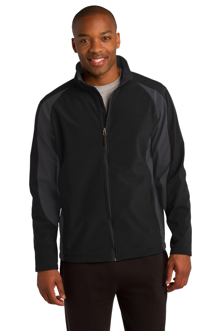 Sport-Tek® Colorblock Soft Shell Jacket. ST970 Black/ Iron Grey