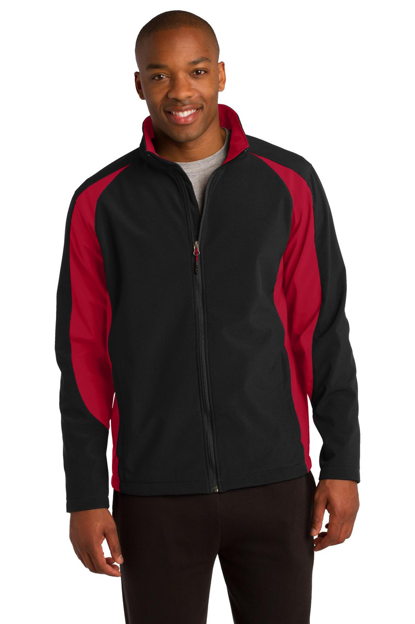 Sport-Tek® Colorblock Soft Shell Jacket. ST970 Black/ True Red