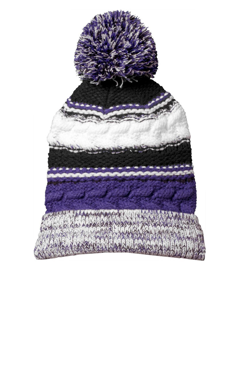 Sport-Tek® Pom Pom Team Beanie. STC21 Purple/ Black/ White