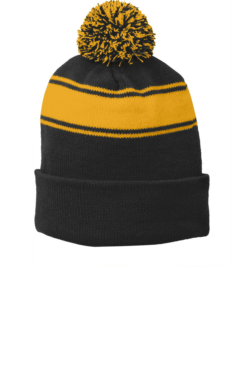 Sport-Tek® Stripe Pom Pom Beanie.  STC28 Black/ Gold