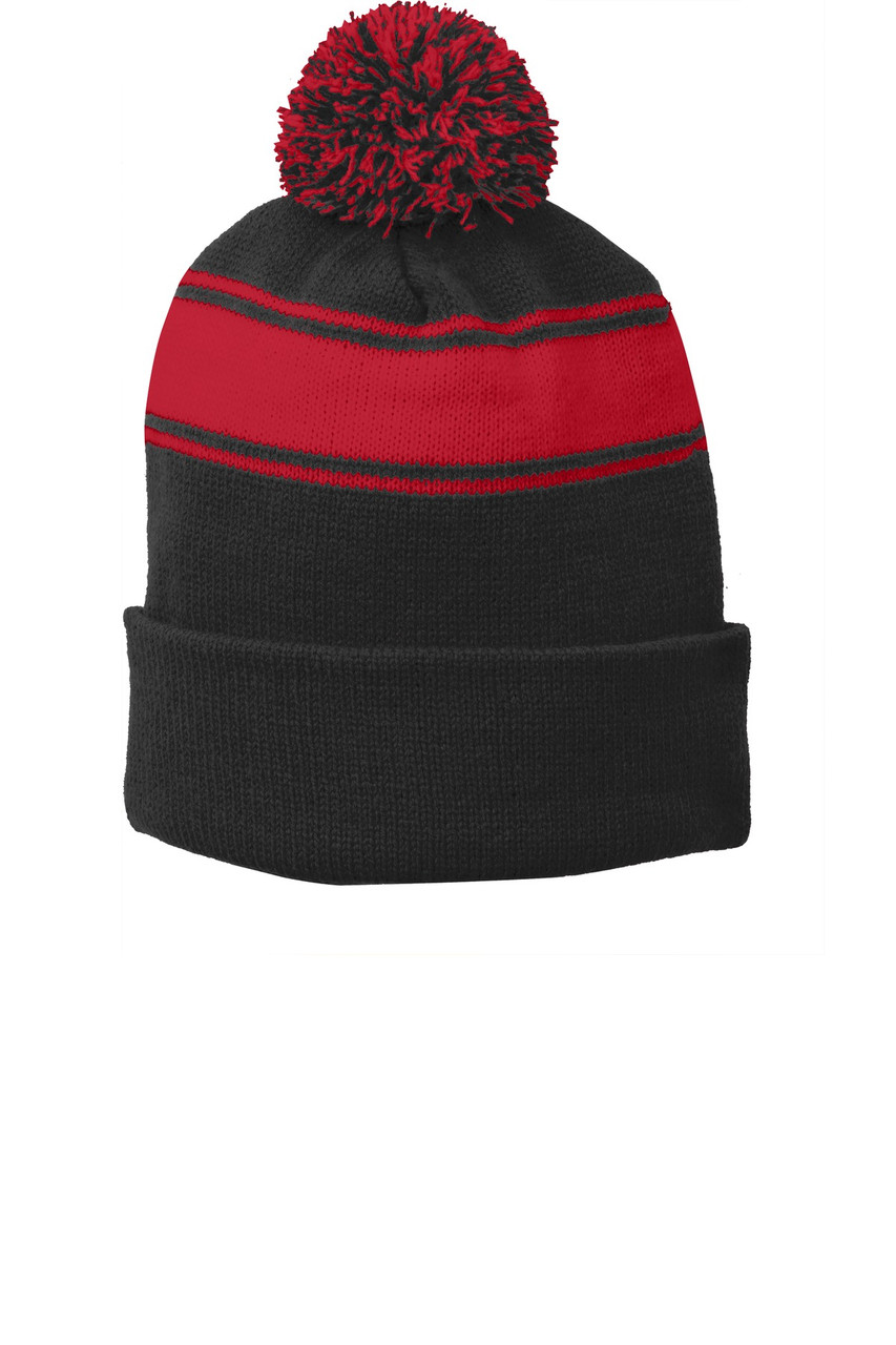 Sport-Tek® Stripe Pom Pom Beanie.  STC28 Black/ True Red