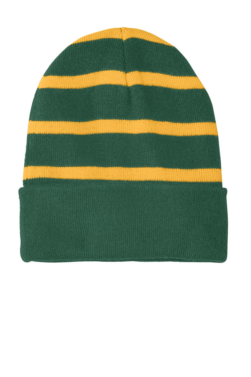 Sport-Tek® Striped Beanie with Solid Band. STC31 Forest Green/ Gold