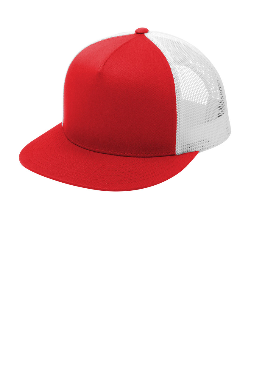 Sport-Tek® YP Classics ® 5-Panel Classic Trucker Mesh Back Cap. STC38 True Red/ White