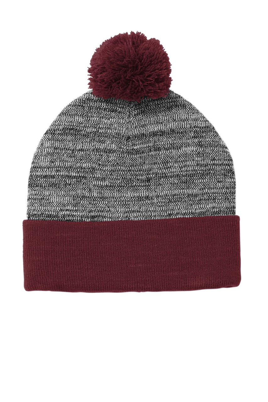 Sport-Tek ® Heather Pom Pom Beanie STC41 Maroon/ Grey Heather