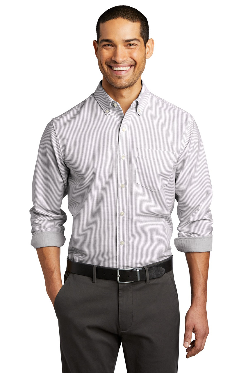 Port Authority ® SuperPro ™ Oxford Stripe Shirt. W657 Gusty Grey/ White